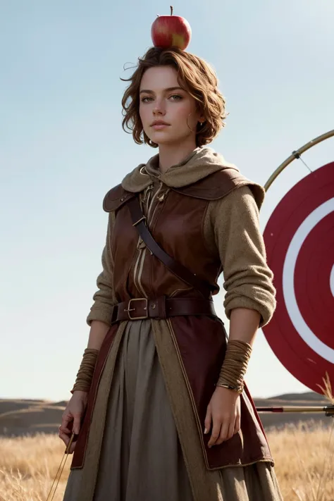 A woman with an apple balanced on her head standing in front of an archery target, emb-daisy, short brown hair, light brown eyes, apple on head, archery target  behind her