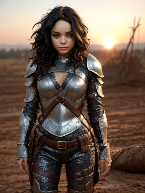 full body picture of <lora:ZH_VHudgens_DisneyEd:1> ZH_VHudgens_DisneyEd, black hair, brown eyes, the most beautiful in the world, super detailed eyes, (freckles:0.99), (damaged filigree chainmail armor), (dirt and mud on skin and armor), dirty, muddy, blood, smoke, fire, outdoors, sunset, battle field, mud, dirt, professional photograph of a stunning woman detailed, perfect bobbed sexy intense hair, sharp focus, dramatic, award winning, cinematic lighting, volumetrics dtx, (film grain, blurry background, blurry foreground, bokeh, depth of field, sun setting interaction, Perfect chainmail), (masterpiece), (extremely intricate:1.3), (realistic), HDR+, medieval battlefield