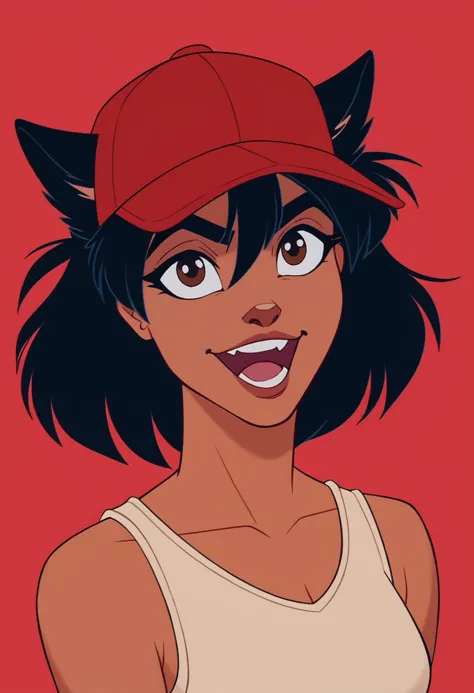 a cartoon of a woman with a red hat and black hair