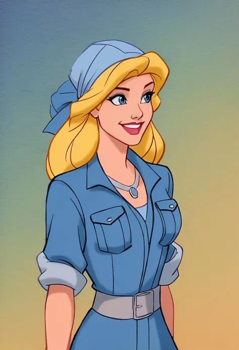 a cartoon of a woman in a blue dress and hat