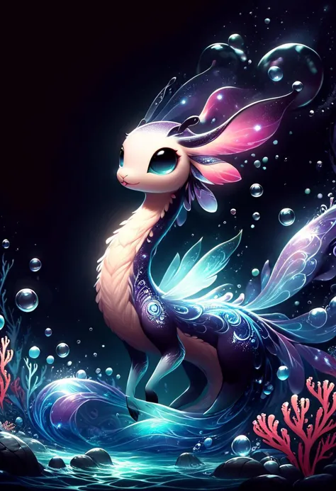 score_9, score_8_up, score_7_up, score_6_up, score_5_up, score_4_up, graceful, cute, little pink axolotl salamander, water bubbles, magical atmosphere, sweet, high resolution image, detailed background, water, swimming under water, water bubbles surround the axolotl, its dancing in the water, in a coral reefl, glowing corals, joy,glowing frame,backlight colors,silhouette colors,cosmic frame,beautiful