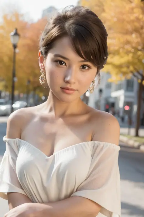 mid-shot, a beautiful woman looking into camera, off shoulder dress, 
detailed face, detailed skin
,  rim light, autumn lights
