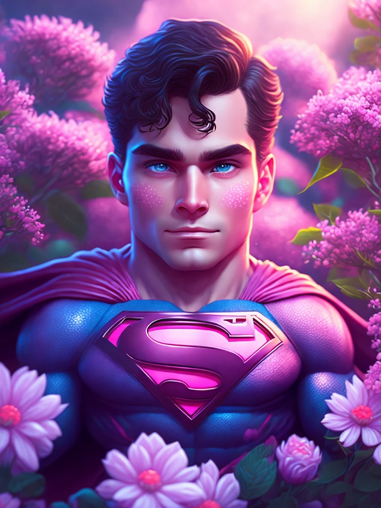 snowapocalypse digital art of a cute superman surrounded by pink flowers, day light, intricate, 8k resolution, super high quality, cinematic light, elegant, highly detailed, centered, digital painting, artstation, concept art, smooth, sharp focus