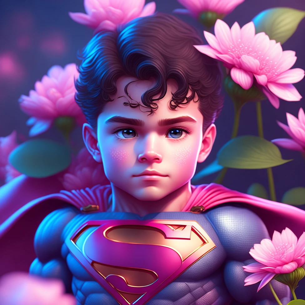 digital art of a cute superman surrounded by pink flowers, day light, intricate, 8k resolution, super high quality,  cinematic light, elegant, highly detailed, centered, digital painting, artstation, concept art, smooth, sharp focus