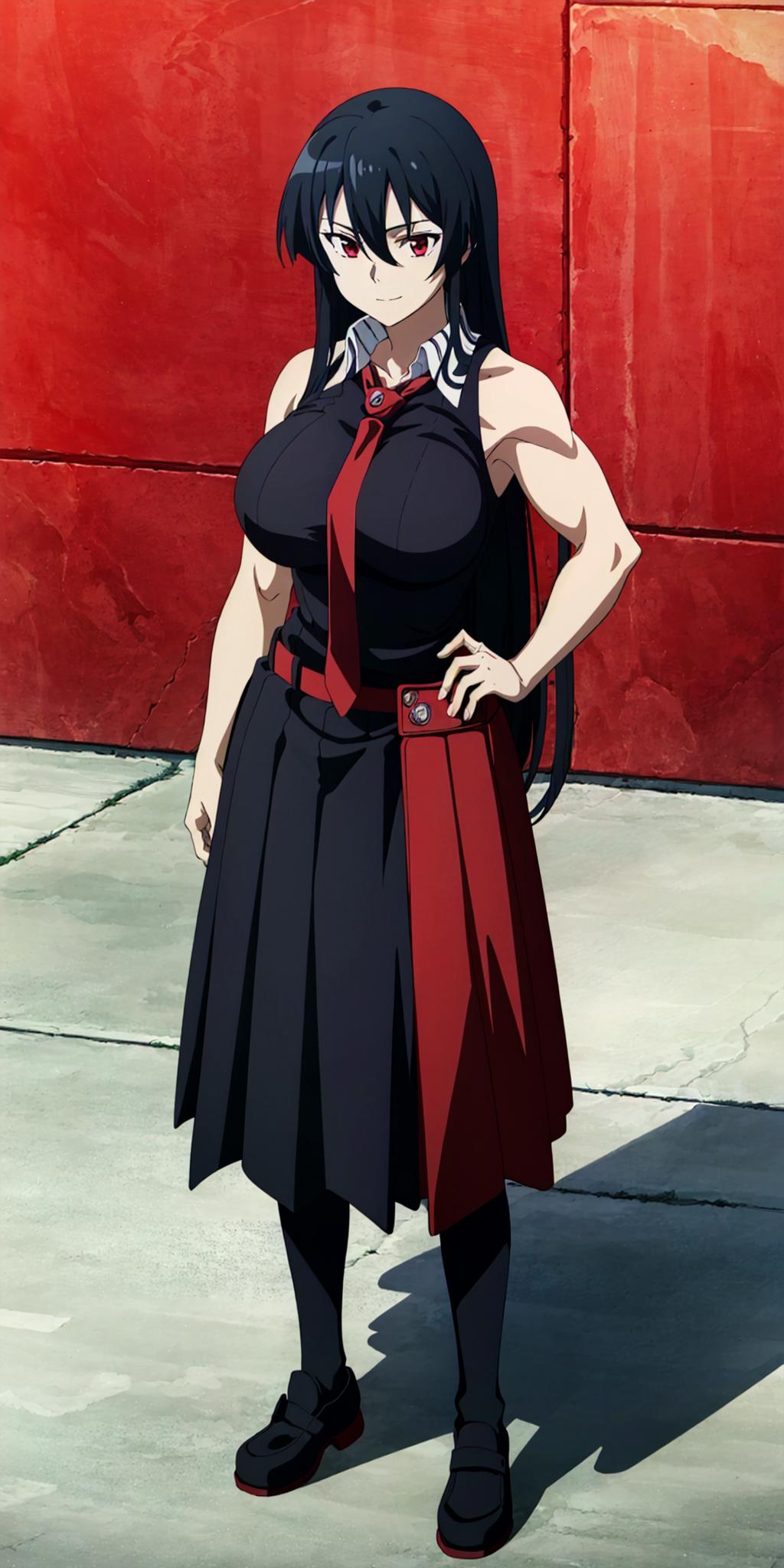 Anime character in black and red outfit standing in front of a red wall -  SeaArt AI