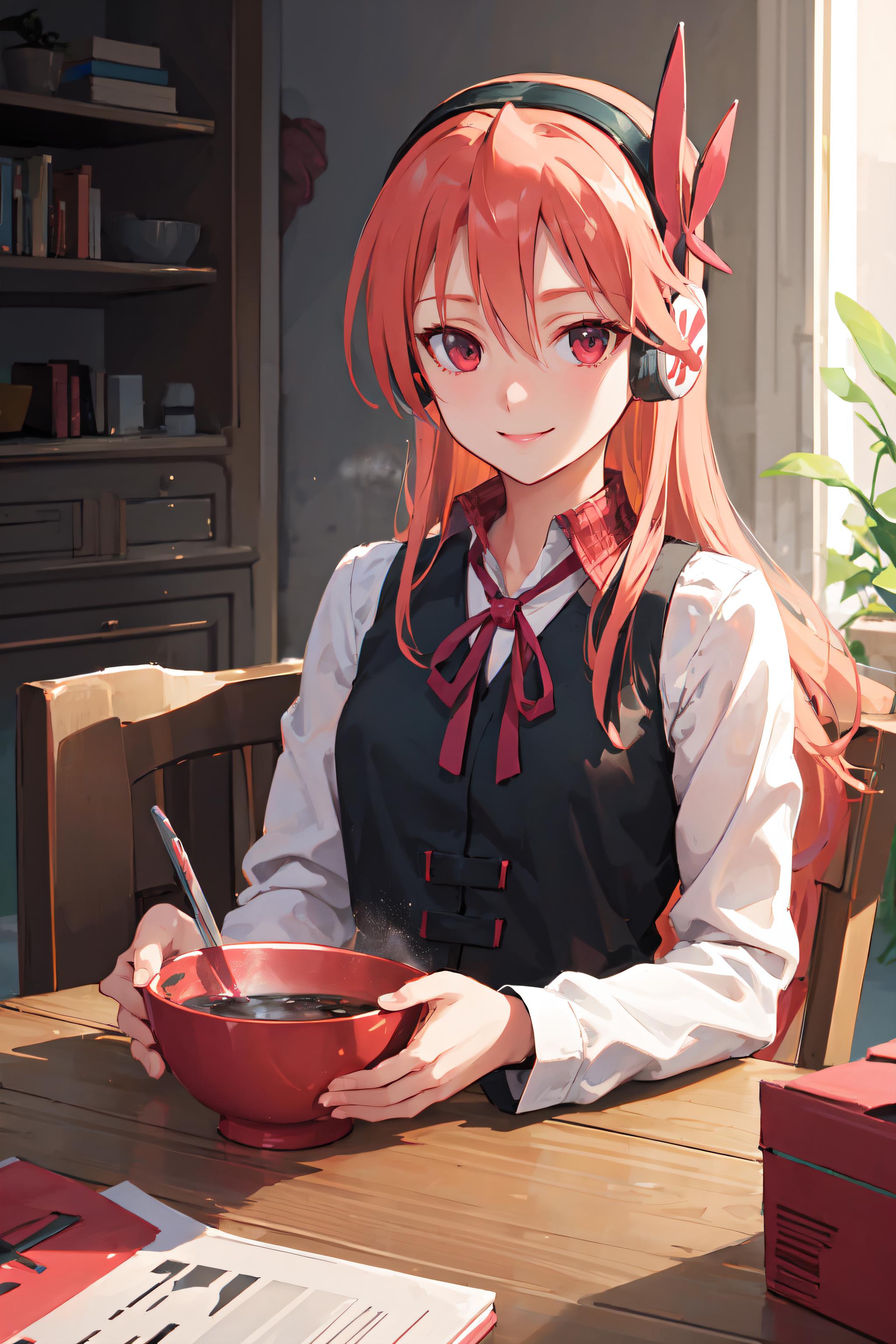 Anime girl with red hair sitting at a table with a bowl of cereal - SeaArt  AI