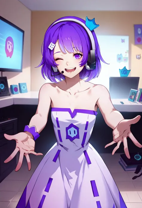 score_9, score_8_up, score_7_up, source_anime, solo, 1girl, twitch-chan, happy, looking at viewer, outstretched arm, purple hair, hair ornament, headset, crown, purple eyes, one eye closed, white dress, long dress, strapless, bare shoulders, collarbone, indoors <lora:gijinkaseries_twitch_ponyXL:1>