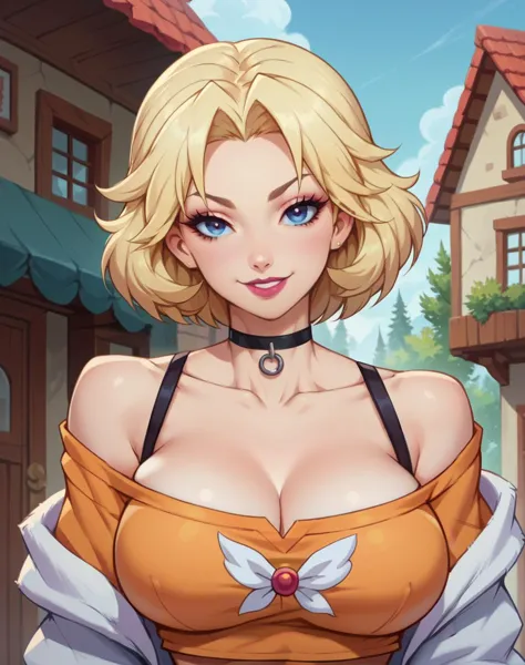 score_9, score_8_up, score_7_up, score_6_up, score_5_up, score_4_up, BREAK source_anime,1girl,solo, anime screencap,large breasts,smile,collarbone,puffy lips
upper body,off-shoulder shirt,choker,lipstick