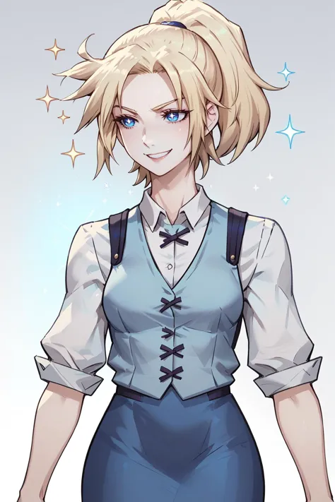 source_anime, score_9, score_8_up,  <lora:ff7claudia-pdxl-nvwls-v1:1> ff7Claudia, blonde hair, ponytail, white collared shirt,formal vest, blue vest, blue pencil skirt, slight smile, sparkling eyes