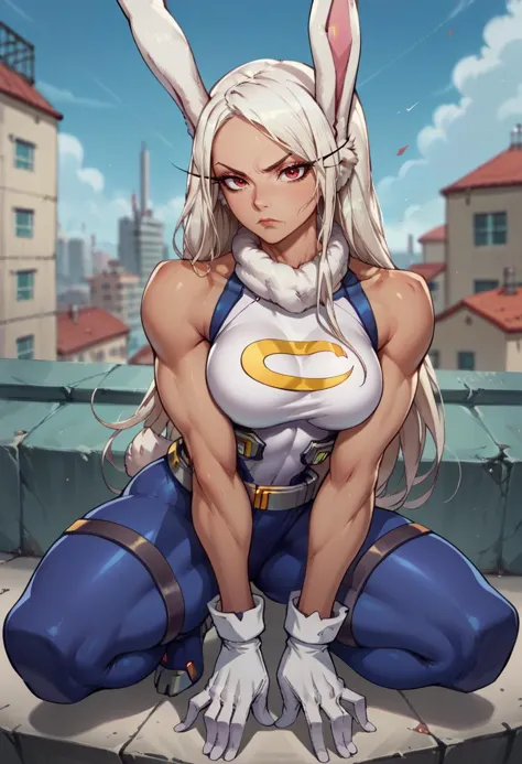 score_9,score_8_up,score_7_up, score_6_up, source_anime, mirko, bunny ears, bodysuit, sleeveless, white gloves, skin tight, impossible bodysuit, rooftop, squatting, arms between legs, serious, thick thighs, belt, depth of field, toned, tan, looking at viewer,