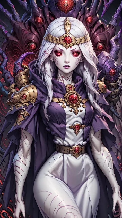 <lora:CassiaPony:0.75> CassiaRT, 1girl, red eyes, white hair, purple robe, pale skin, solo, third eye, claws  <lora:AngelicCAT_Style:0.6>, high resolution, highly detailed, perfect lighting, beautiful detailed eyes,