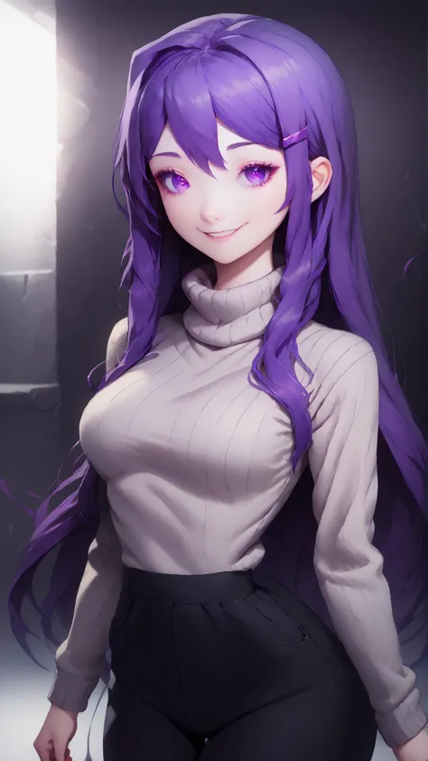 <lora:ddlc-ponyxl-lora-nochekaiser:0.8> ddlcyuri, hair ornament, hairclip, long hair, purple eyes, purple hair, grey sweater, ribbed sweater, sweater, turtleneck, black pants, large breasts, smile, <lora:AngelicCAT_Style:0.8>, high resolution, highly detailed, perfect lighting, beautiful detailed eyes, score 9, score 8 up, score 7 up, score 6 up, score 5 up, score 4 up, BREAK,