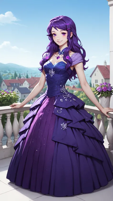 <lora:ddlc-ponyxl-lora-nochekaiser:0.8> ddlcyuri, hair ornament, hairclip, long hair, straight hair, purple eyes, purple hair, large breasts, <lora:edgBallgownPonyv1:0.8> ballgown, a woman in a dress posing for a picture, wearing a ballgown, jewelry, light blush, smile, balcony, garden, blue sky, score 9, score 8 up, score 7 up, score 6 up, score 5 up, score 4 up, BREAK,