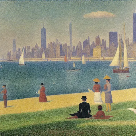 ((cityscape)), skyline, (((New York City))), sailboat, seaside, with people on beach in foreground, by Georges Seurat, pointillism