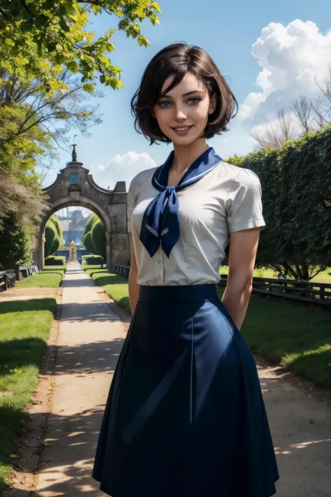 BioshockElizabeth, blue eyes, short black hair, white shirt, blue neckerchief, blue skirt, looking at viewer, smiling, standing, arms behind back, outside, park, field, pathway, trees, winter, blue sky, high quality, masterpiece,  <lora:BioshockElizabeth:.7>