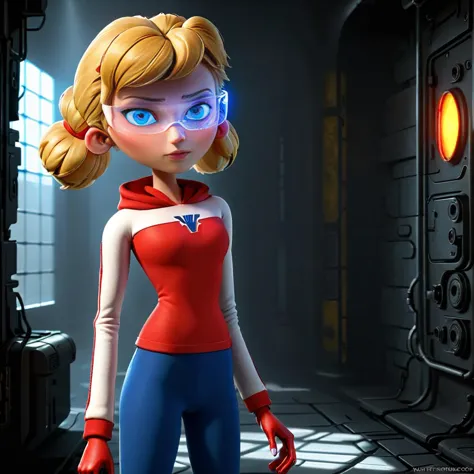 a close up of a cartoon character in a red and blue outfit