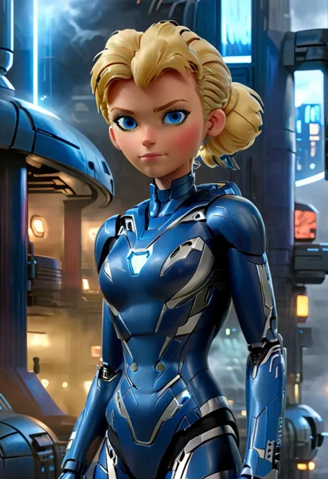 masterpiece, best quality, ultra_detailed, highres, absurdres, 1girl, <lora:penny_gadget_2015_xl_v2-000001:1> pennyg2015, blue eyes, blonde hair, hair bun, in a blue and silver armor, (light smile:0.35), full body, solo, alone, (by night, cyberpunk, dark, fog:1.3), futuristic city, toon \(style\), ultrahigh resolution textures, <lora:Mark49-1024:0.8>, <lora:EnvyScifiStreamlineXL01:0.8>, <lora:ral-ertmsphr-sdxl:0.5>