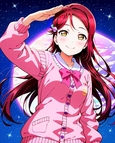 score_9, score_8_up, score_7_up, score_6_up, source_anime, looking at viewer, ((love live!, 1girl, sakurauchi riko, hair ornament, long hair, medium breasts, red hair, yellow eyes)) (straight-arm salute), (magenta (pantone) Cardigan), (space station), smile, happy, <lora:LLChar_Pony_Aq:0.8>