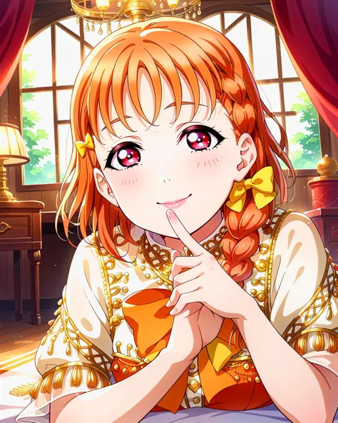 score_9, score_8_up, score_7_up, score_6_up, source_anime, looking at viewer, ((love live!, 1girl, takami chika, braid, hair bow, orange hair, red eyes, side braid, yellow bow)) (Lying down, propped up on one elbow, with a finger resting against her lips, she exudes mystery and ancient allure), (Tangerine short jumpsuit), (Colonial Style Dining Room with Wooden Beams and Antique Chandelier), smile, happy, <lora:LLChar_Pony_Aq:0.8>