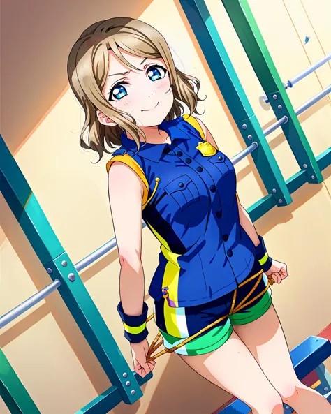 score_9, score_8_up, score_7_up, score_6_up, source_anime, looking at viewer, ((love live!, 1girl, watanabe you, blue eyes, light brown hair, medium breasts, medium hair)) (arms pulling an imaginary rope, body leaning back, legs braced, struggling and determined body language), (verdun green gym shorts), (Police station), smile, happy, <lora:LLChar_Pony_Aq:0.8>