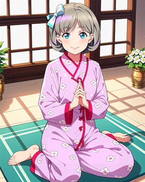 score_9, score_8_up, score_7_up, score_6_up, source_anime, looking at viewer, ((love live!, 1girl, tang keke, blue eyes, grey hair, hair ribbon, parted bangs, short hair, purple highlights)) (Sitting cross-legged on a mat, meditating,), (orient flower pattern pajamas), (Historic Mansion), smile, happy,  <lora:LLChar_Pony_Liella:0.8>