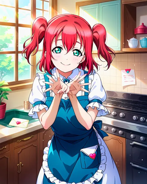 score_9, score_8_up, score_7_up, score_6_up, source_anime, looking at viewer, ((love live!, 1girl, kurosawa ruby, aqua eyes, hair between eyes, red hair, sidelocks, two side up)) (letter pose), (pale dirndl, apron, white blouse), (Mystical Waterfall in a Hidden Valley), smile, happy, <lora:LLChar_Pony_Aq:0.8>