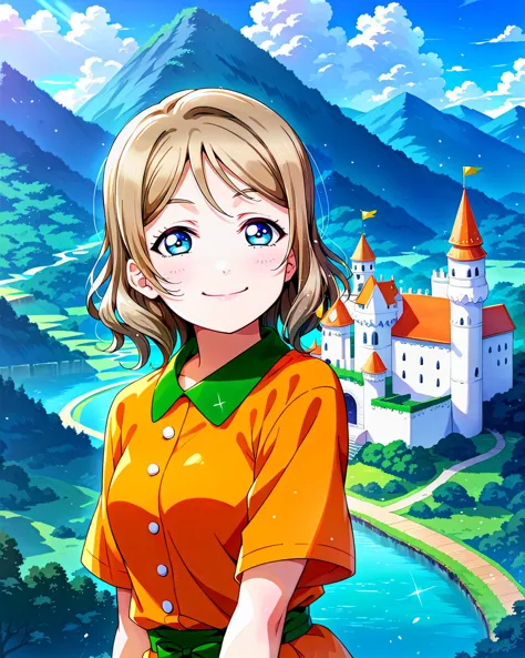 score_9, score_8_up, score_7_up, score_6_up, source_anime, looking at viewer, ((love live!, 1girl, watanabe you, blue eyes, light brown hair, medium breasts, medium hair)) (dynamic jump), (conifer Peter Pan collar), (Majestic Water Castle amidst Foggy Mountains), smile, happy, <lora:LLChar_Pony_Aq:0.8>