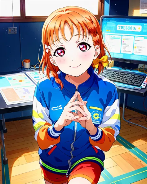 score_9, score_8_up, score_7_up, score_6_up, source_anime, looking at viewer, ((love live!, 1girl, takami chika, braid, hair bow, orange hair, red eyes, side braid, yellow bow)) (Hands on a surface, leaning forward), (wewak Field Jacket), (Futuristic sports arena with holographic displays and high-tech equipment), smile, happy, <lora:LLChar_Pony_Aq:0.8>