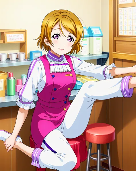 score_9, score_8_up, score_7_up, score_6_up, source_anime, looking at viewer, ((love live!, 1girl, koizumi hanayo, light brown hair, purple eyes, short hair)) (Sitting, on a stool with one leg raised,), (half colonial white pants), (Florist), smile, happy,  <lora:LLChar_Pony:0.8> love live!