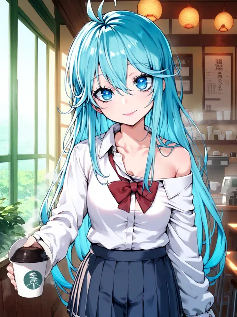 anime girl with blue hair and blue eyes holding a cup of coffee