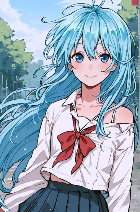 anime girl with blue hair and white shirt and black skirt