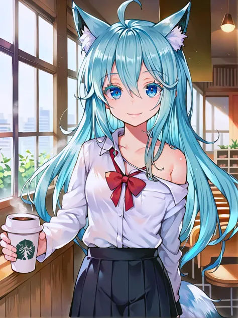 anime girl with blue hair and a cat ears holding a cup of coffee