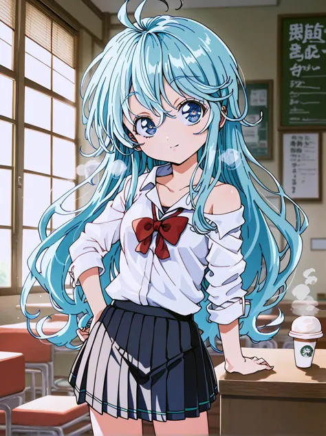 anime girl with blue hair and a bow tie in a classroom