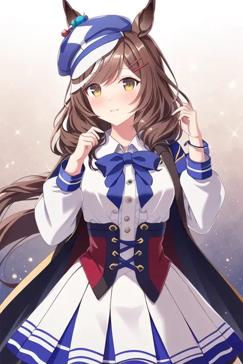 original, masterpiece, extremely detailed CG unity 8k wallpaper, highlight, best quality, bokeh, 

umamusume, horse ears, animal ears, brown hair, hair ornaments, wearing a blue hat, white blouse, blue skirt, red clothes