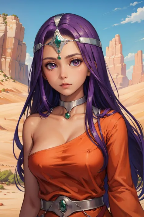 masterpiece, best quality, dqMinea, circlet, choker, bracelet, orange dress, large breasts, upper body, expressionless, dynamic pose, desert, rock formations, sky, upper body, village, looking at viewer <lora:manyaminea-nvwls-v1-000010:0.9>