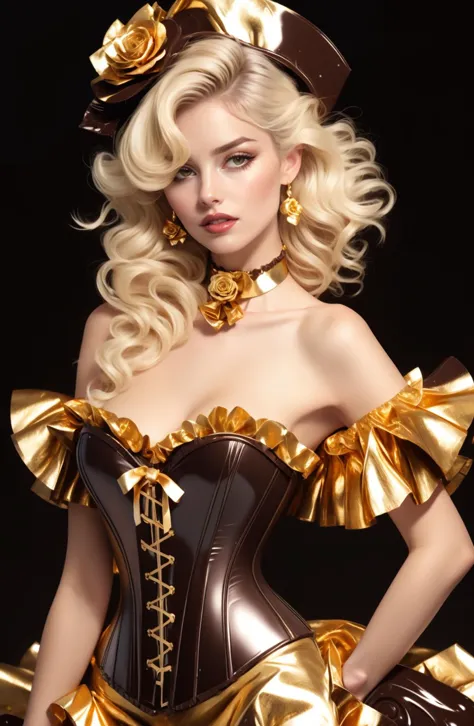 (((dark chocolate melted theme))) adult mature woman,  beautiful, high quality, best quality, highres, high detail, <lora:Outfit_ChocolateFoilDress:0.75> dr3ss, corset, dress, (crinkled gold foil:1.2) frills, ribbon, [platinum blonde hair] messy hair, beret hair, delicious, ornate, ( choker), layered gown, rose, hair flower, chest bow, large breasts, cleavage, breasts apart, ((plunging neckline))