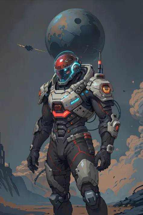 a man in a space suit standing on a planet with a spaceship in the background