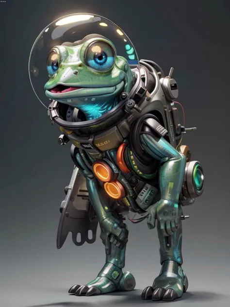 a frog in a space suit with a helmet and a gun