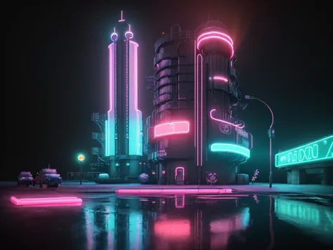 a close up of a neon city at night with a neon sign