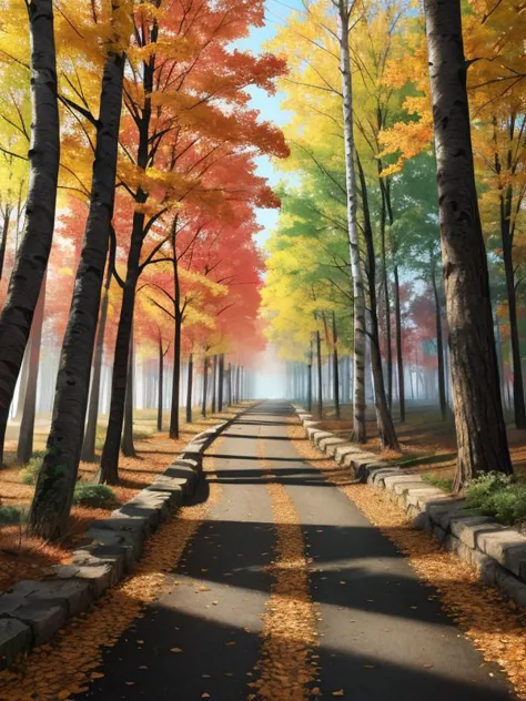 a painting of a road with trees and leaves on the side