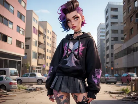 arafed woman with purple hair and tattoos standing in a city street