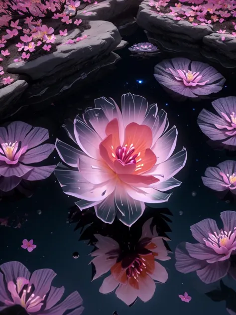 there is a pink flower floating in a pond of water