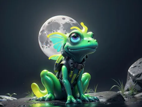 a close up of a frog sitting on a rock with a full moon in the background