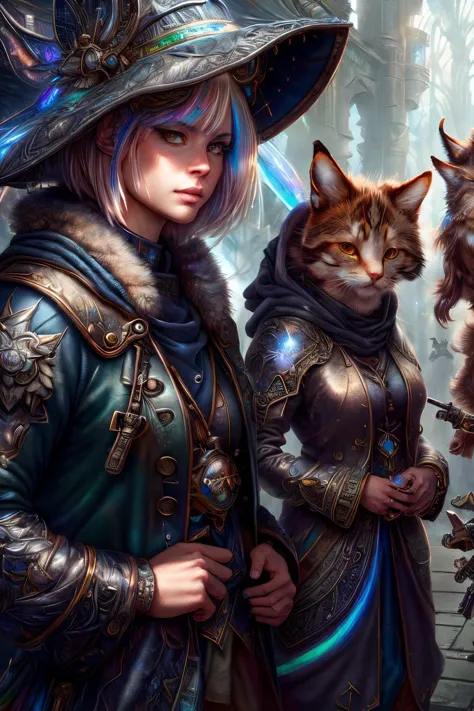 a close up of a woman in a hat with cats