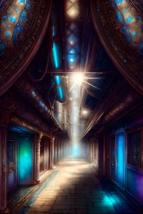 a long hallway with a light shining through the ceiling