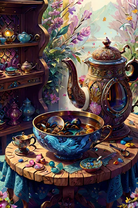 (hyper-detailed:1.4), ultra-detailed, sharp, (realistic:1.3), <lora:faestyle:0.7> colorful fancy intricate tea setting with (Bargello,Cyanotype,Lace-making,Shellwork) that is (Mokume-gane,Gold) and (Tangerine,Teal,Orchid) with delicate painted details and (inlaid with (Pink Mussel Shell)), straight teaspoon, cream pourer, sugar bowl, intricate bowl of candy, teapot with handle and one spout, samovar, be his heroine, scattered gemstones and jewels, on a (Cedar) table, natural light