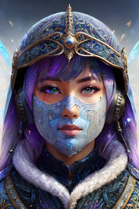 a close up of a woman with a blue face and purple hair