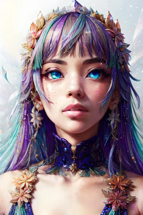 a woman with blue eyes and purple hair with flowers in her hair