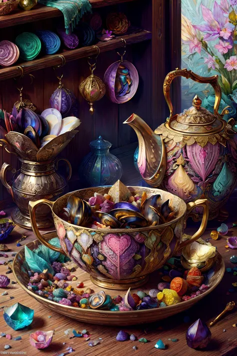 (hyper-detailed:1.4), ultra-detailed, sharp, (realistic:1.3), <lora:faestyle:0.7> colorful fancy intricate tea setting with (Bargello,Cyanotype,Lace-making,Shellwork) that is (Mokume-gane,Gold) and (Tangerine,Teal,Orchid) with delicate painted details and (inlaid with (Pink Mussel Shell)), straight teaspoon, cream pourer, sugar bowl, intricate bowl of candy, teapot with handle and one spout, samovar, be his heroine, scattered gemstones and jewels, on a (Cedar) table, natural light