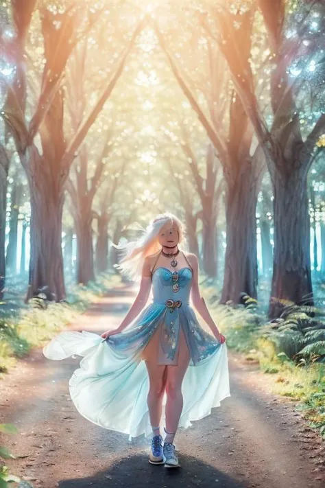 a woman in a blue dress walking down a path in a forest